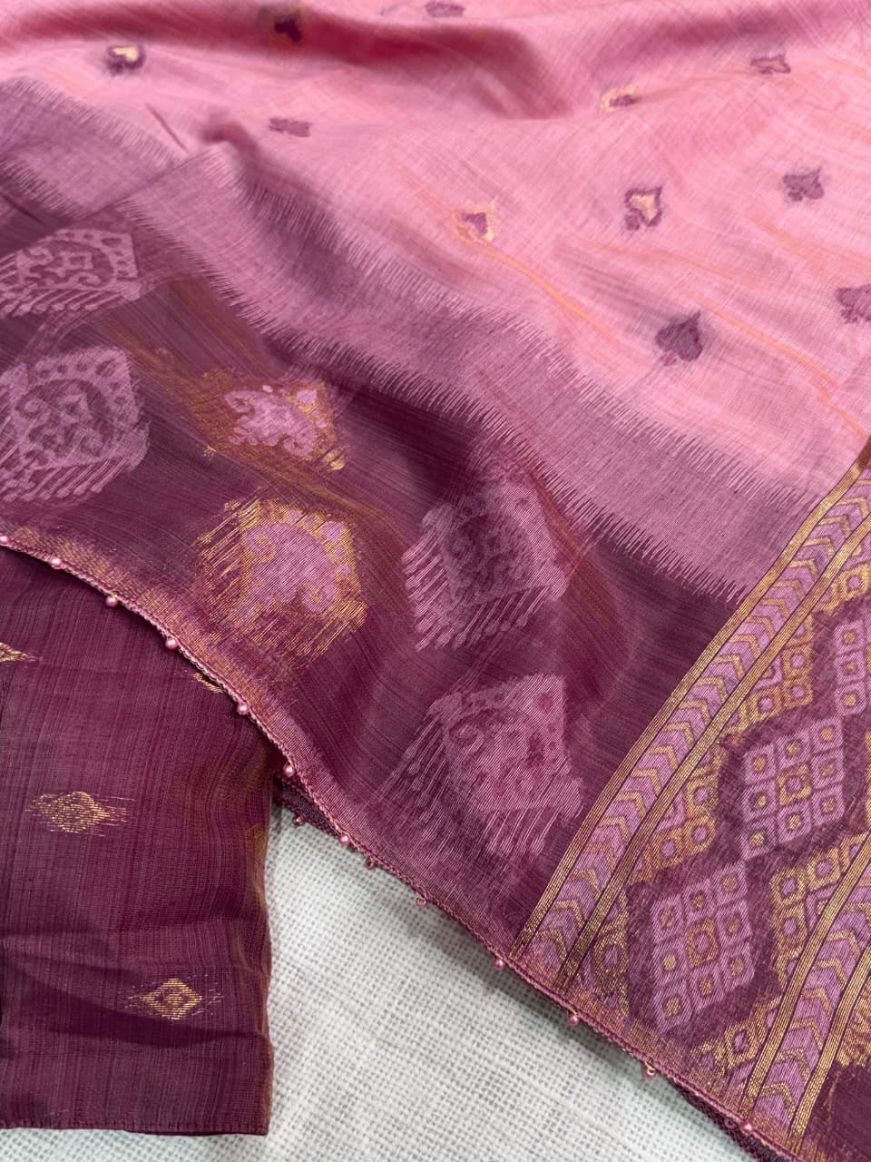 Cotton Linen Saree with Traditional Motifs, Contrast Border and Pallu, 6.3 Metres with Running Blouse for Festive Wear