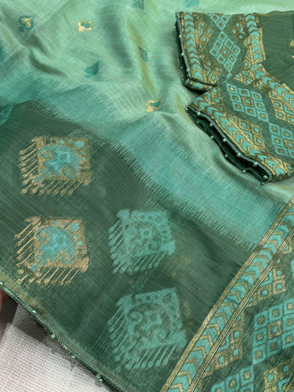 Cotton Linen Saree with Traditional Motifs, Contrast Border and Pallu, 6.3 Metres with Running Blouse for Festive Wear
