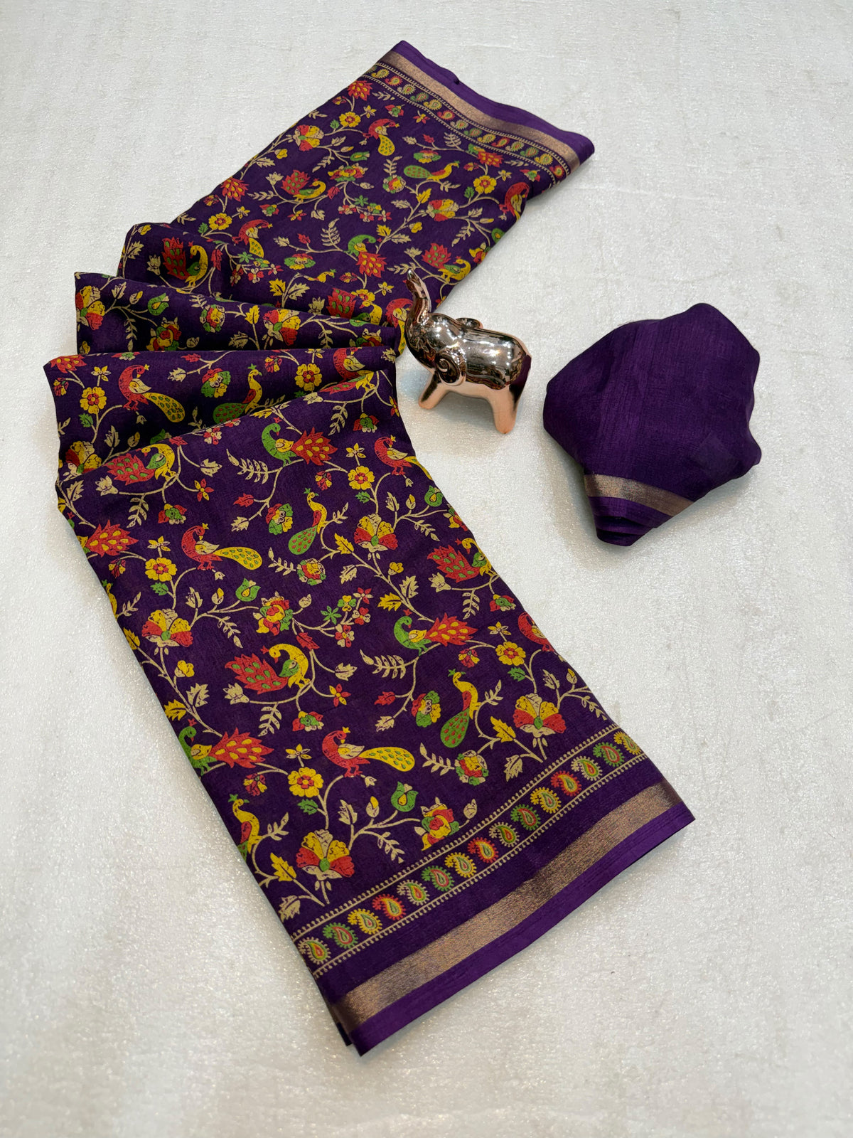 Linen Tussar Silk Saree with Multicolour Peacock and Floral Motifs, Decorative Border & Running Blouse for Festive Wear