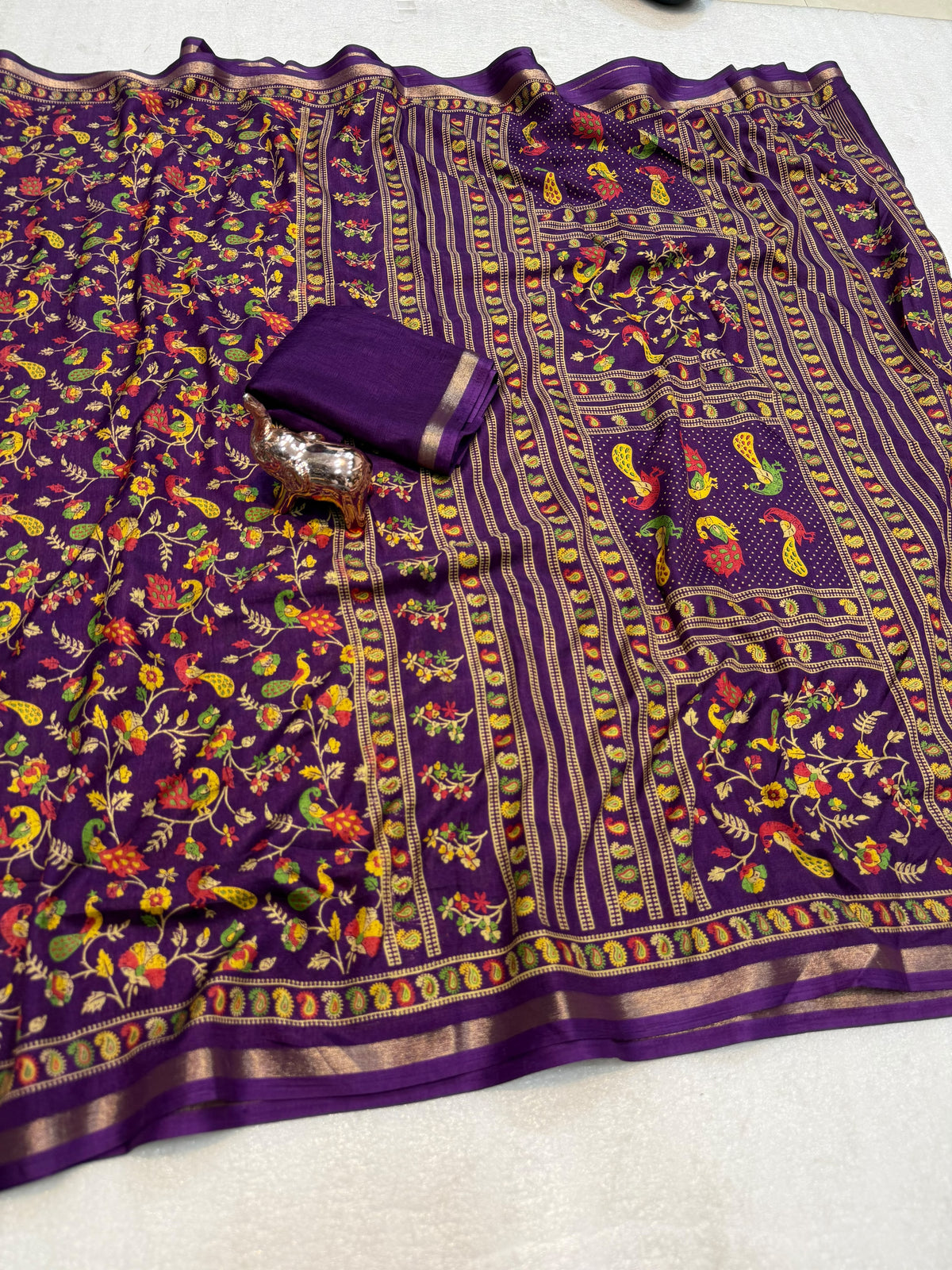 Linen Tussar Silk Saree with Multicolour Peacock and Floral Motifs, Decorative Border & Running Blouse for Festive Wear