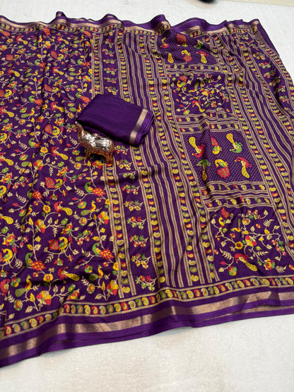 Linen Tussar Silk Saree with Multicolour Peacock and Floral Motifs, Decorative Border & Running Blouse for Festive Wear