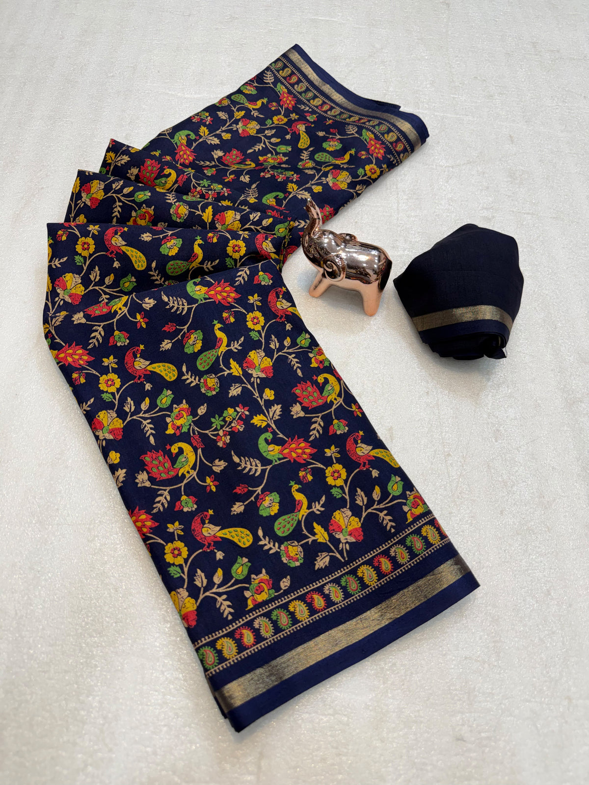 Linen Tussar Silk Saree with Multicolour Peacock and Floral Motifs, Decorative Border & Running Blouse for Festive Wear