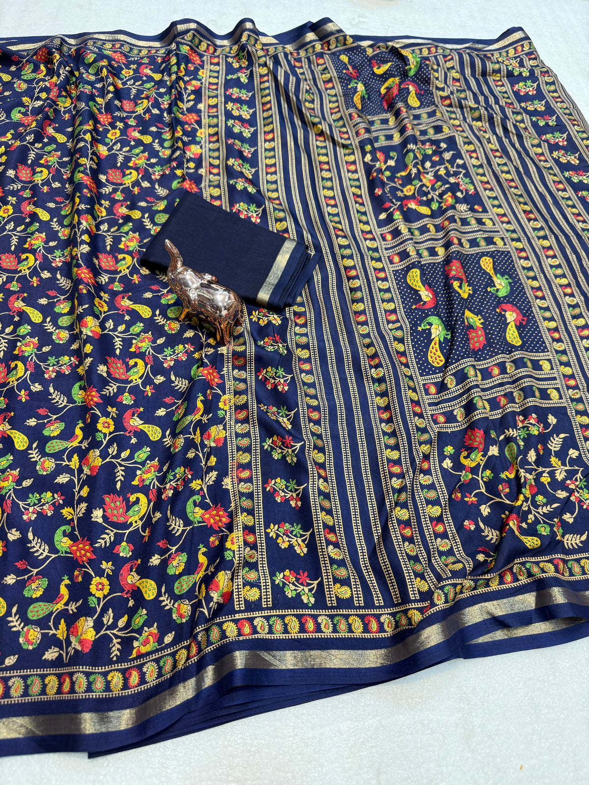 Linen Tussar Silk Saree with Multicolour Peacock and Floral Motifs, Decorative Border & Running Blouse for Festive Wear