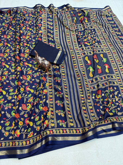 Linen Tussar Silk Saree with Multicolour Peacock and Floral Motifs, Decorative Border & Running Blouse for Festive Wear