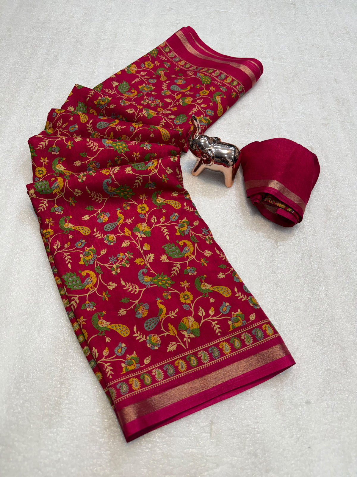 Linen Tussar Silk Saree with Multicolour Peacock and Floral Motifs, Decorative Border & Running Blouse for Festive Wear