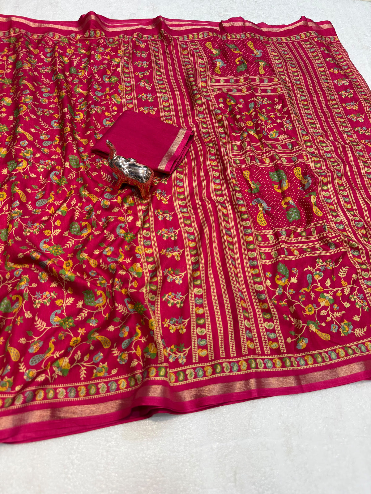 Linen Tussar Silk Saree with Multicolour Peacock and Floral Motifs, Decorative Border & Running Blouse for Festive Wear