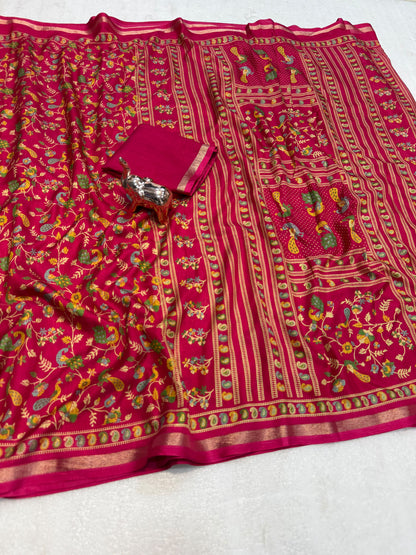 Linen Tussar Silk Saree with Multicolour Peacock and Floral Motifs, Decorative Border & Running Blouse for Festive Wear