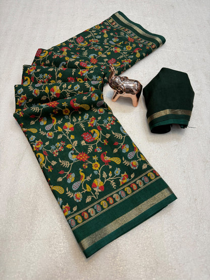 Linen Tussar Silk Saree with Multicolour Peacock and Floral Motifs, Decorative Border & Running Blouse for Festive Wear
