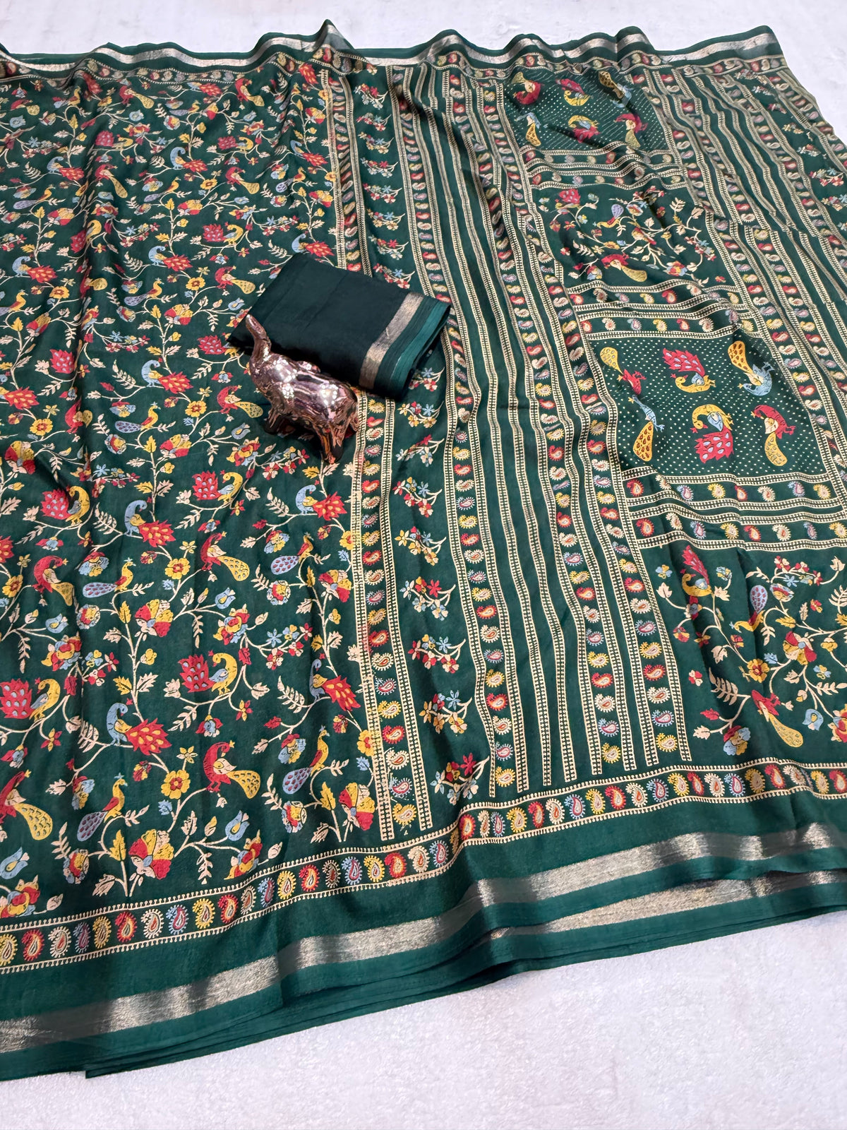 Linen Tussar Silk Saree with Multicolour Peacock and Floral Motifs, Decorative Border & Running Blouse for Festive Wear