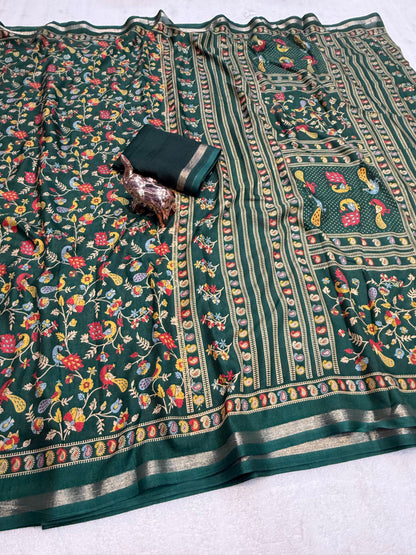 Linen Tussar Silk Saree with Multicolour Peacock and Floral Motifs, Decorative Border & Running Blouse for Festive Wear