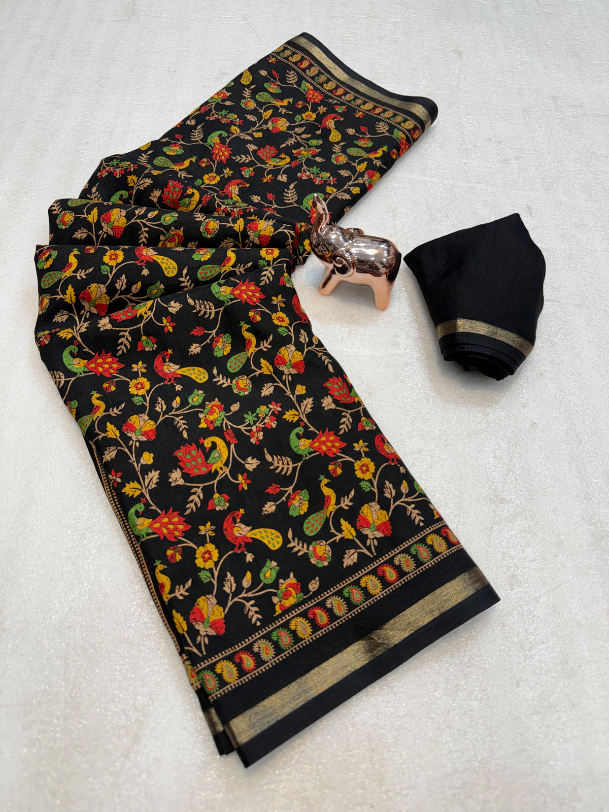 Linen Tussar Silk Saree with Multicolour Peacock and Floral Motifs, Decorative Border & Running Blouse for Festive Wear