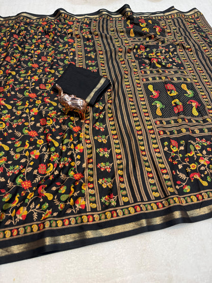 Linen Tussar Silk Saree with Multicolour Peacock and Floral Motifs, Decorative Border & Running Blouse for Festive Wear