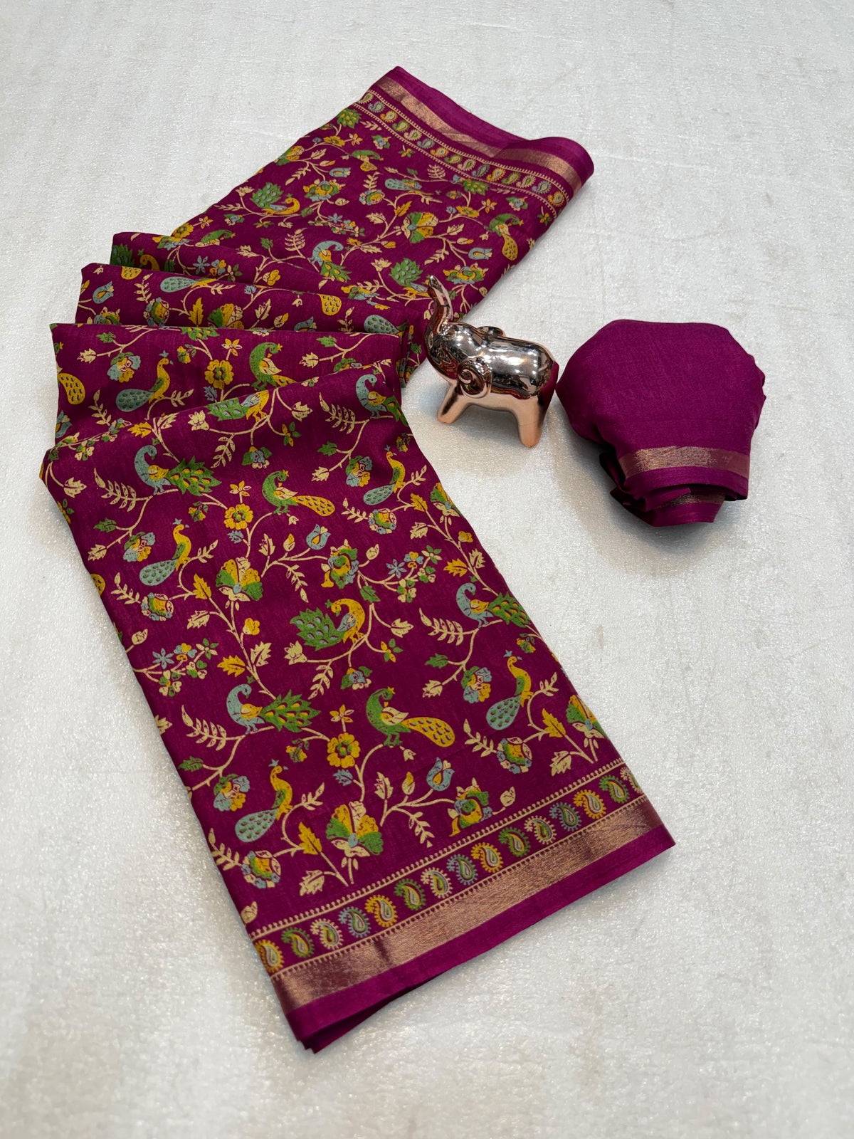 Linen Tussar Silk Saree with Multicolour Peacock and Floral Motifs, Decorative Border & Running Blouse for Festive Wear
