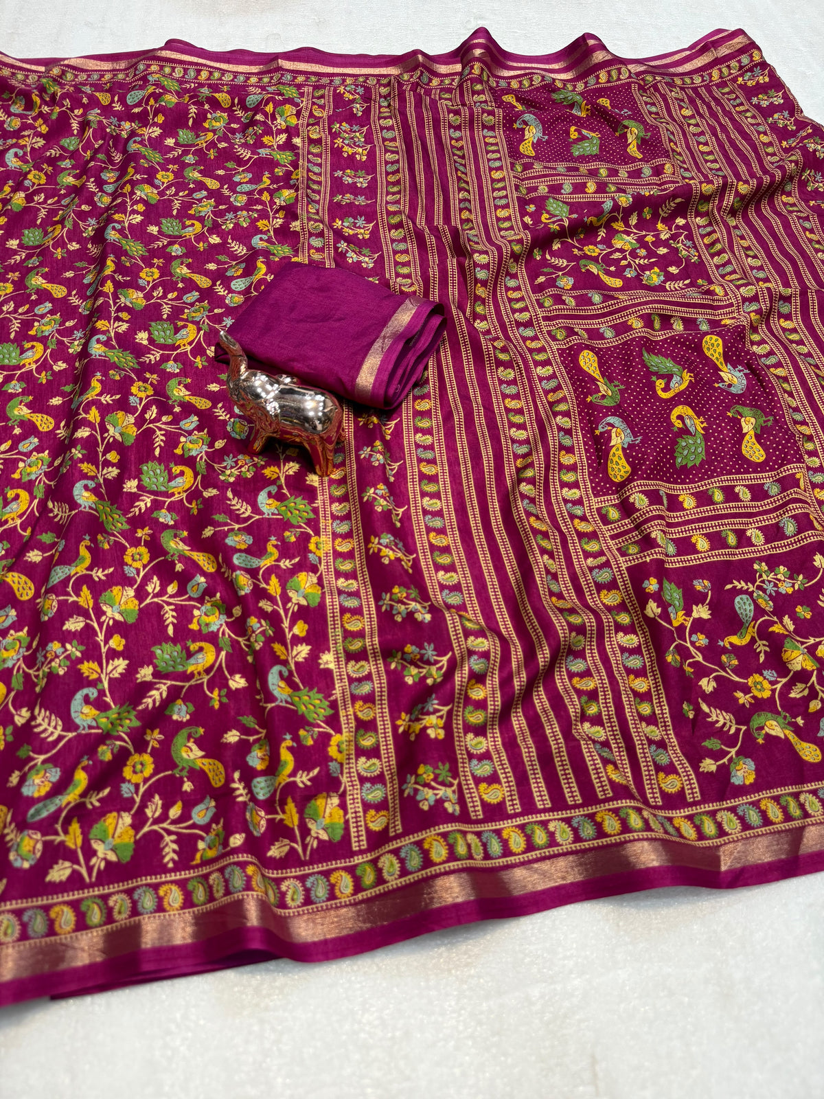 Linen Tussar Silk Saree with Multicolour Peacock and Floral Motifs, Decorative Border & Running Blouse for Festive Wear