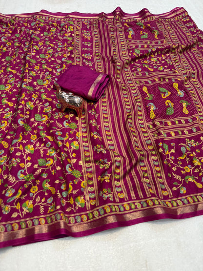 Linen Tussar Silk Saree with Multicolour Peacock and Floral Motifs, Decorative Border & Running Blouse for Festive Wear