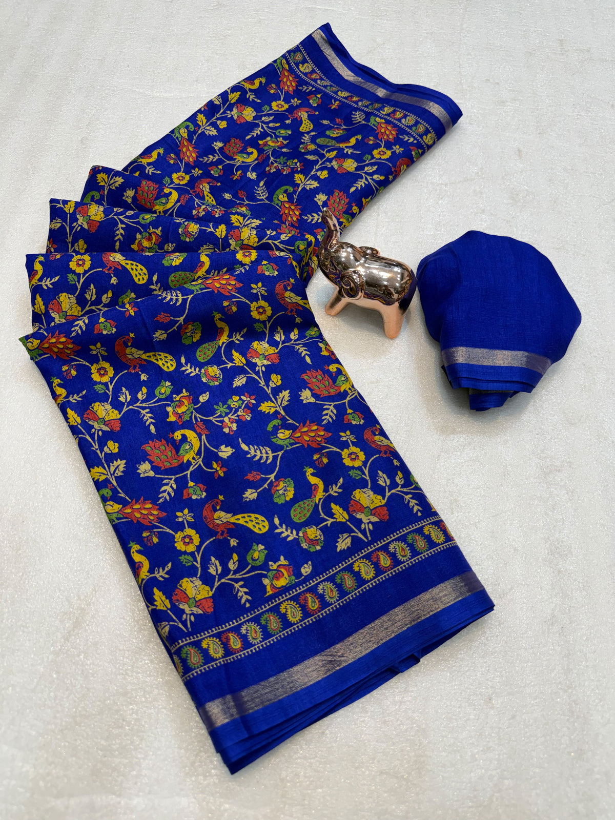 Linen Tussar Silk Saree with Multicolour Peacock and Floral Motifs, Decorative Border & Running Blouse for Festive Wear