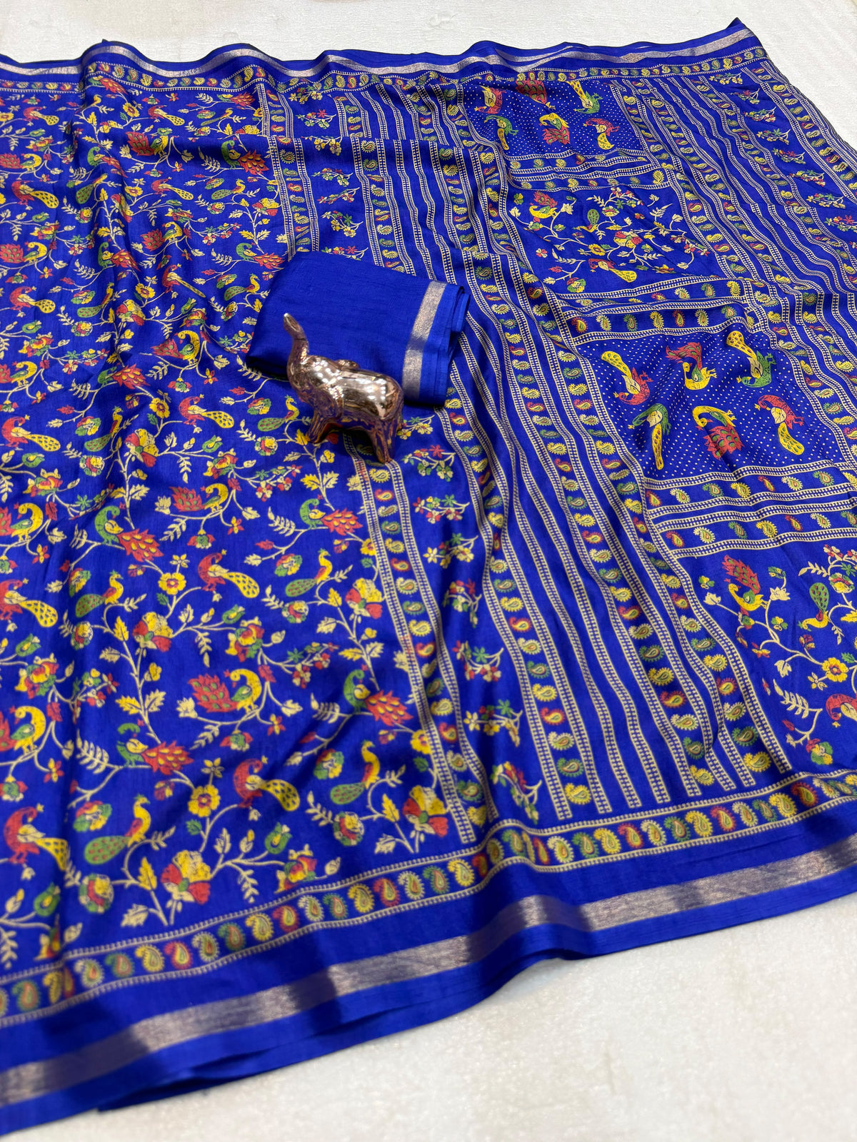 Linen Tussar Silk Saree with Multicolour Peacock and Floral Motifs, Decorative Border & Running Blouse for Festive Wear