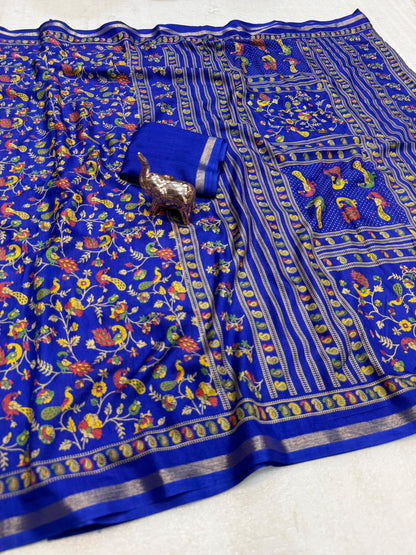 Linen Tussar Silk Saree with Multicolour Peacock and Floral Motifs, Decorative Border & Running Blouse for Festive Wear