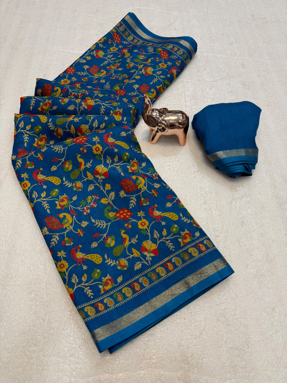 Linen Tussar Silk Saree with Multicolour Peacock and Floral Motifs, Decorative Border & Running Blouse for Festive Wear