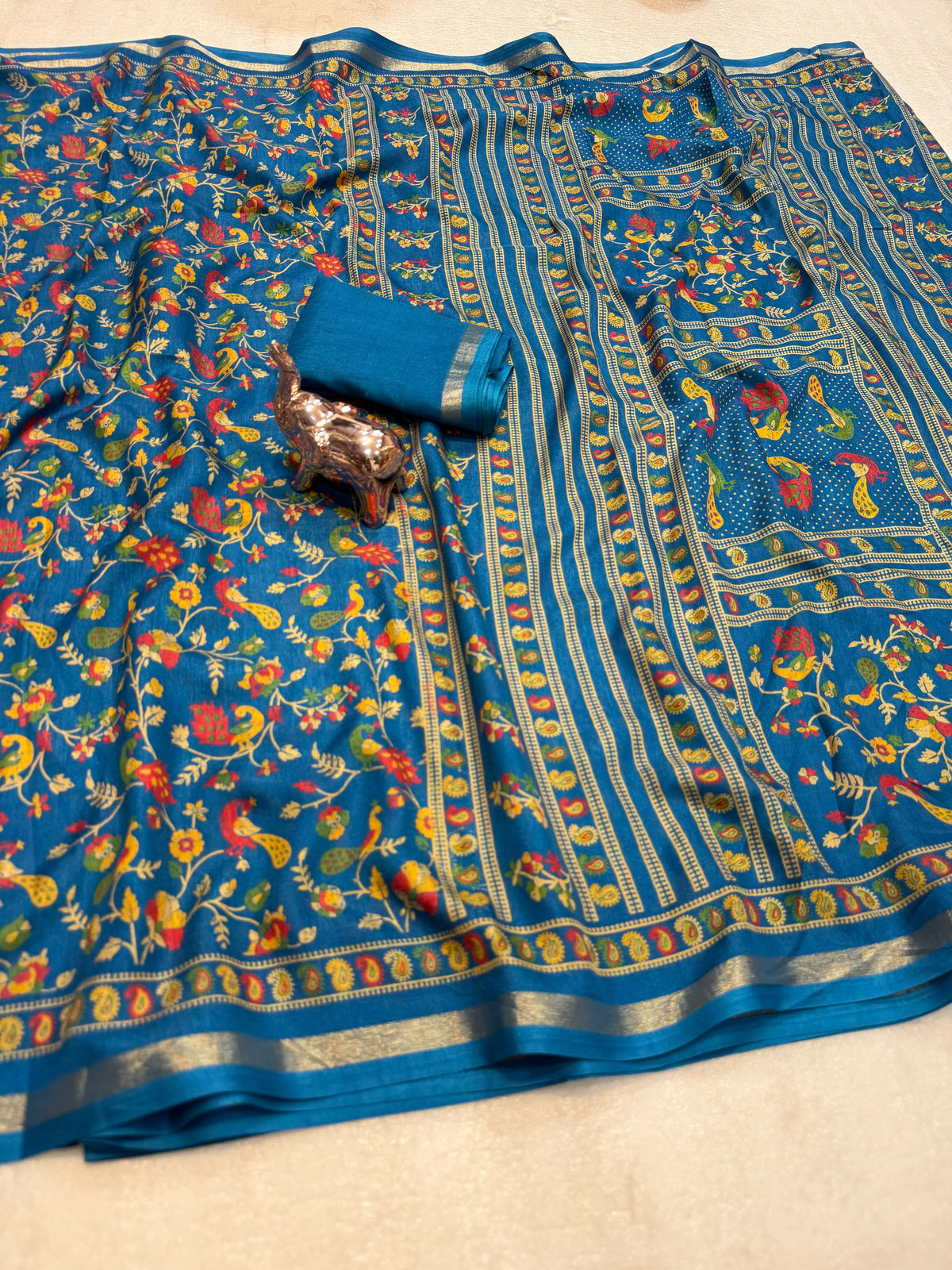 Linen Tussar Silk Saree with Multicolour Peacock and Floral Motifs, Decorative Border & Running Blouse for Festive Wear