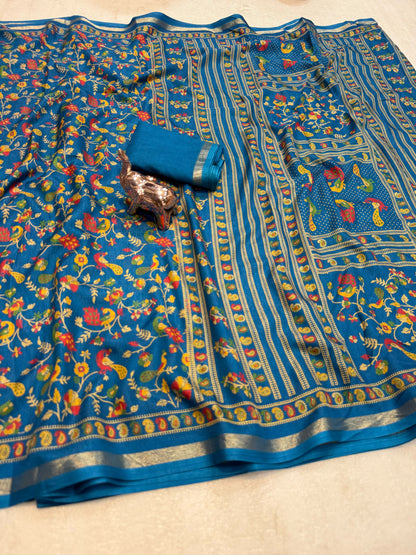 Linen Tussar Silk Saree with Multicolour Peacock and Floral Motifs, Decorative Border & Running Blouse for Festive Wear