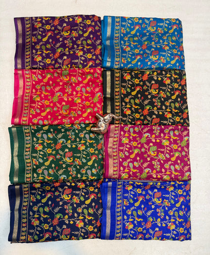 Linen Tussar Silk Saree with Multicolour Peacock and Floral Motifs, Decorative Border & Running Blouse for Festive Wear