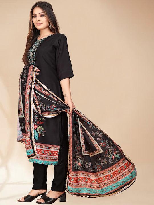 Black woven Design Kurta with Trousers with dupatta - Swaraas