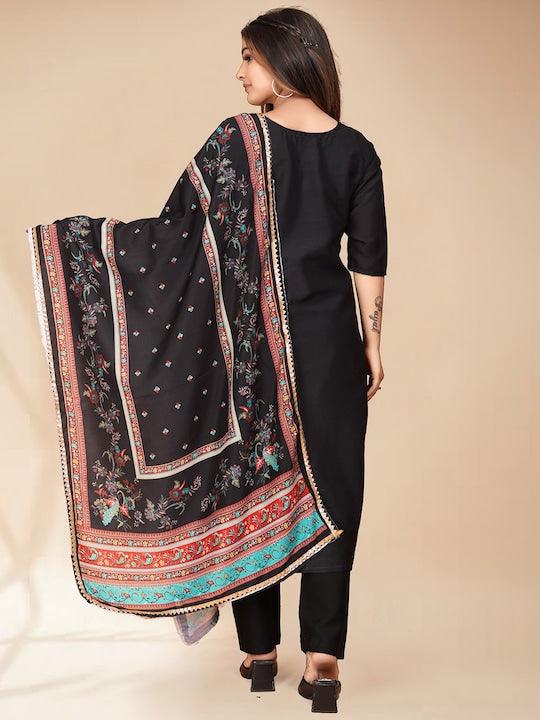 Black woven Design Kurta with Trousers with dupatta - Swaraas