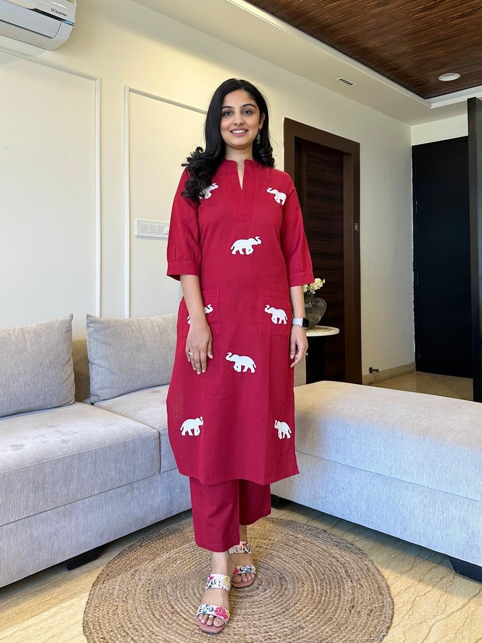 Elephant embroidered cotton pant set - Swaraas