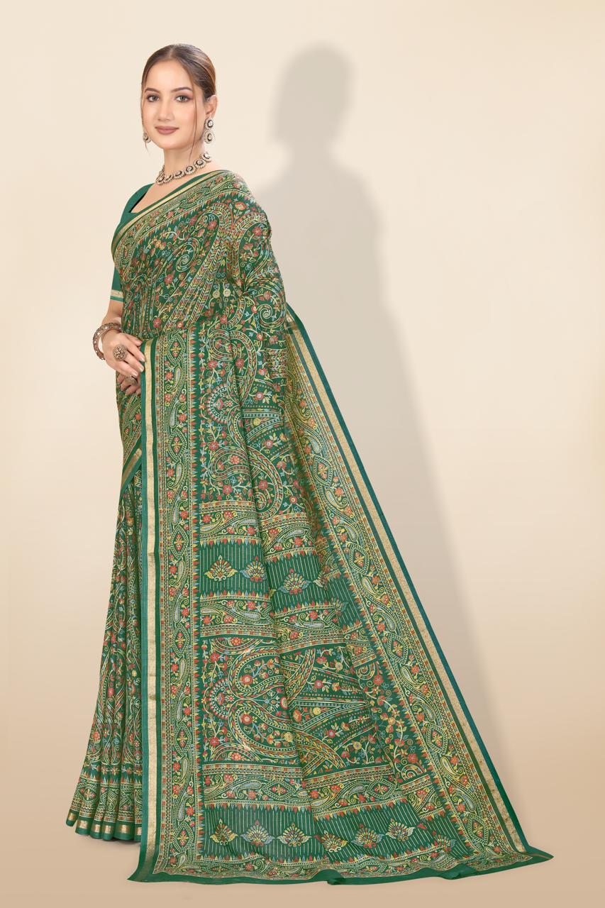 Pure Soft Tussar Silk Kashmiri Printed Saree with Rich Pallu & Golden Border | Elegant Traditional Wear