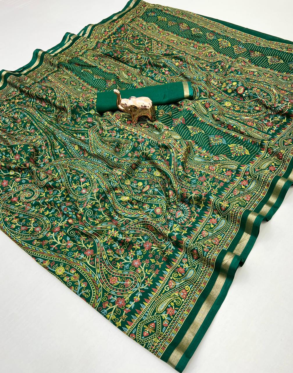 Pure Soft Tussar Silk Kashmiri Printed Saree with Rich Pallu & Golden Border | Elegant Traditional Wear