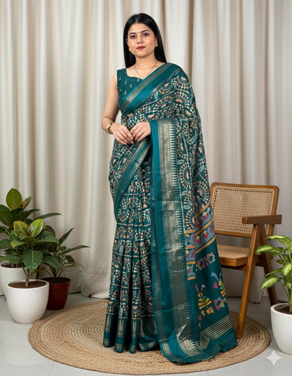 Soft Cotton Denting Kalamkari Saree with Zari Border & Printed Blouse – Swaraas