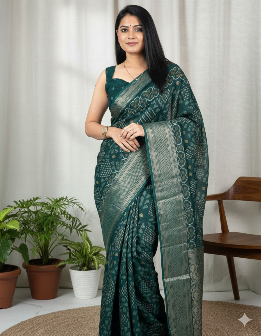 Soft Muslin Cotton Printed Saree with Zari Border & Matching Blouse – Swaraas