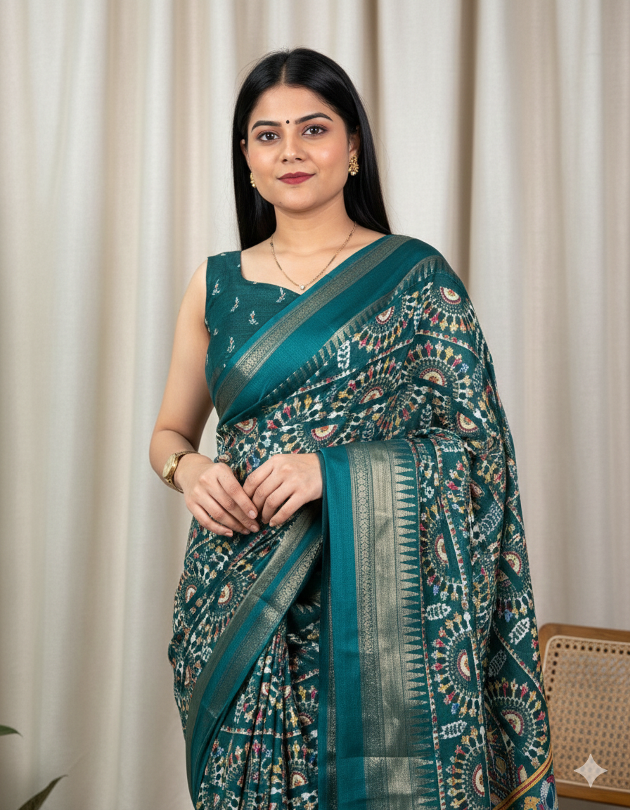 Soft Cotton Denting Kalamkari Saree with Zari Border & Printed Blouse – Swaraas