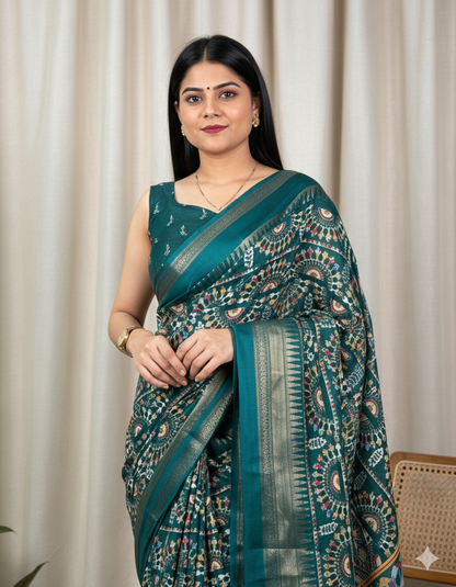 Soft Cotton Denting Kalamkari Saree with Zari Border & Printed Blouse – Swaraas