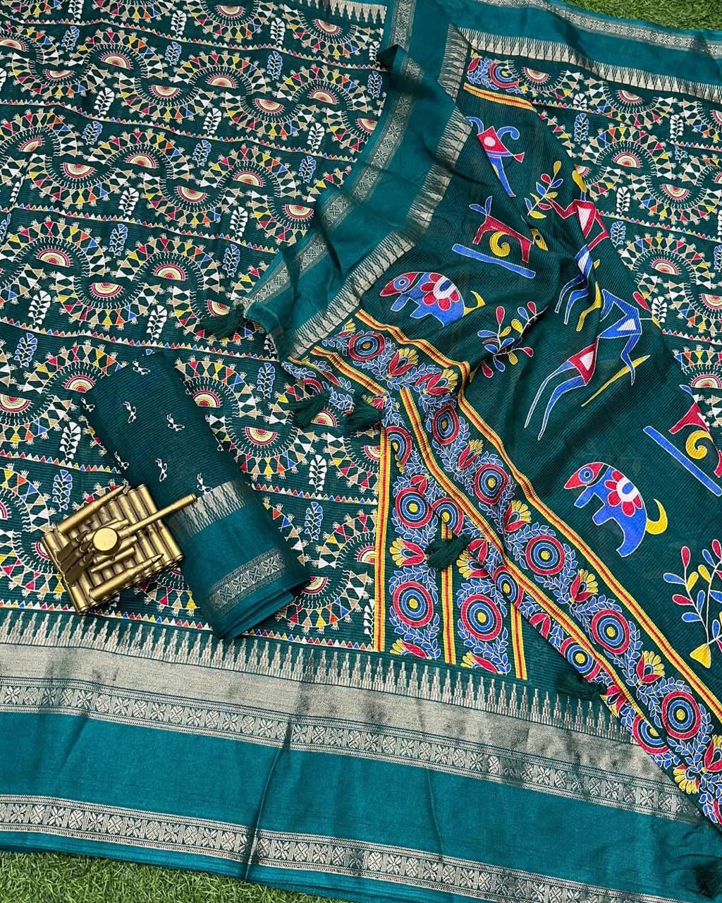 Soft Cotton Denting Kalamkari Saree with Zari Border & Printed Blouse – Swaraas