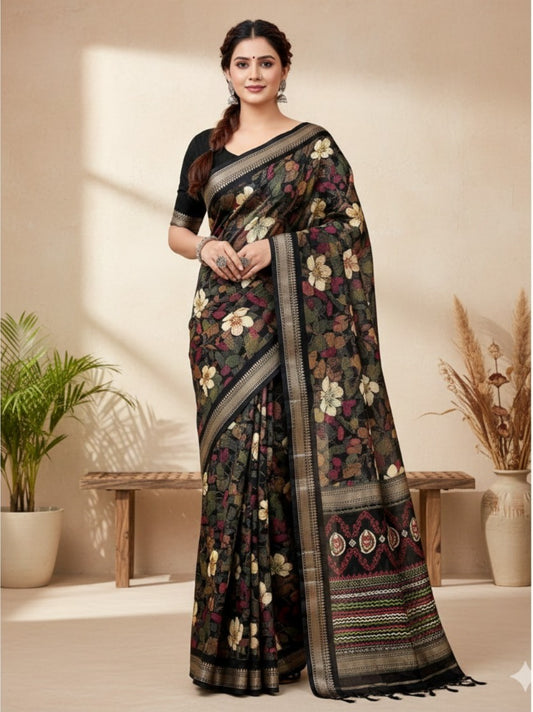 Lightweight Cotton Blend Saree with Floral Prints & Silver Zari Border | Designer Saree with Printed Blouse