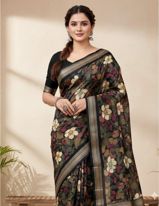 Lightweight Cotton Blend Saree with Floral Prints & Silver Zari Border | Designer Saree with Printed Blouse