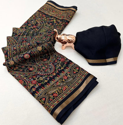 Pure Soft Tussar Silk Kashmiri Printed Saree with Rich Pallu & Golden Border | Elegant Traditional Wear