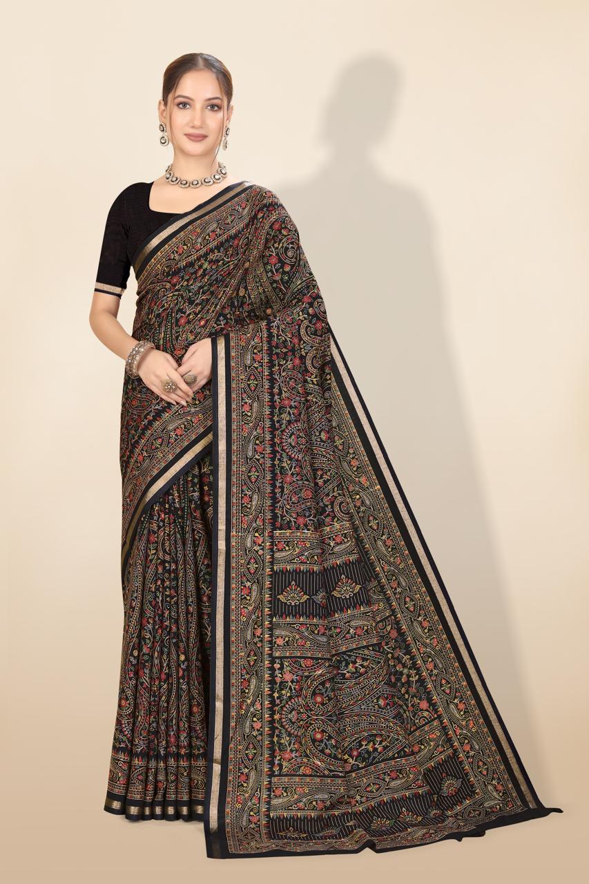 Pure Soft Tussar Silk Kashmiri Printed Saree with Rich Pallu & Golden Border | Elegant Traditional Wear