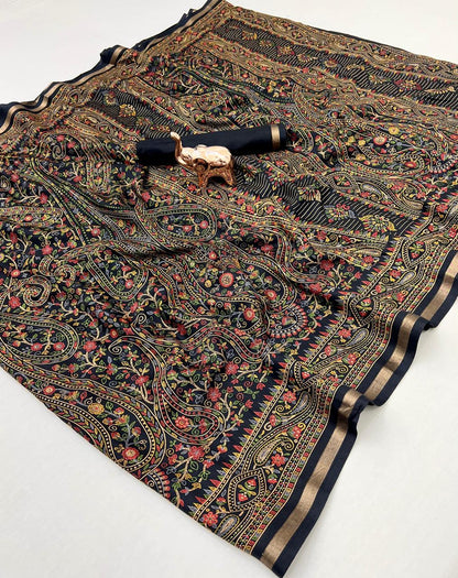 Pure Soft Tussar Silk Kashmiri Printed Saree with Rich Pallu & Golden Border | Elegant Traditional Wear