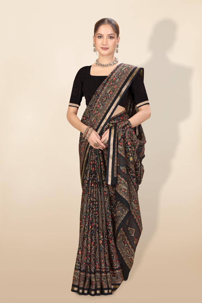 Pure Soft Tussar Silk Kashmiri Printed Saree with Rich Pallu & Golden Border | Elegant Traditional Wear