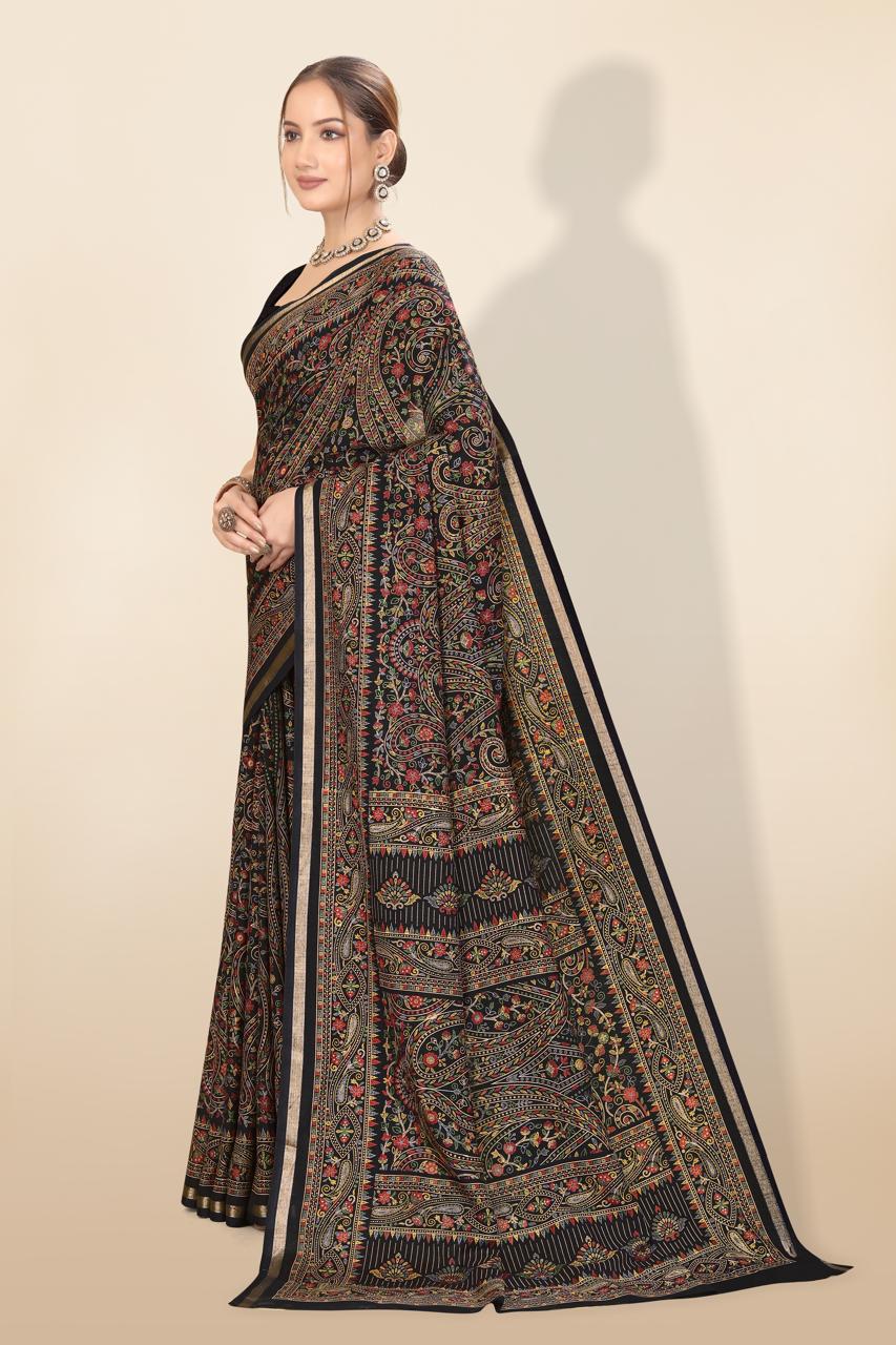 Pure Soft Tussar Silk Kashmiri Printed Saree with Rich Pallu & Golden Border | Elegant Traditional Wear