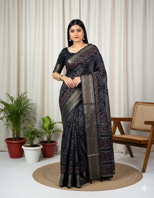 Soft Muslin Cotton Printed Saree with Zari Border & Matching Blouse – Swaraas