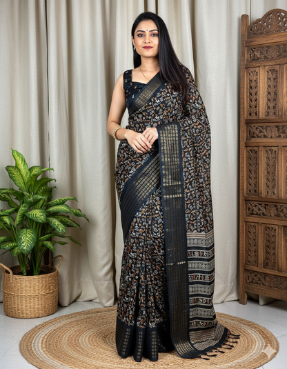 Soft Dola Silk Kalamkari Print Saree with Sequin & Zari Border | Printed Blouse – Swaraas