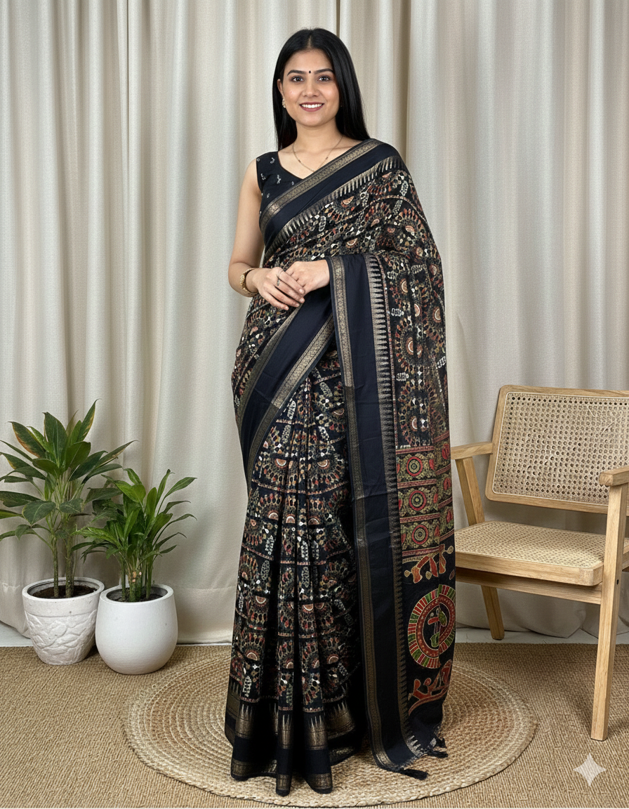 Soft Cotton Denting Kalamkari Saree with Zari Border & Printed Blouse – Swaraas