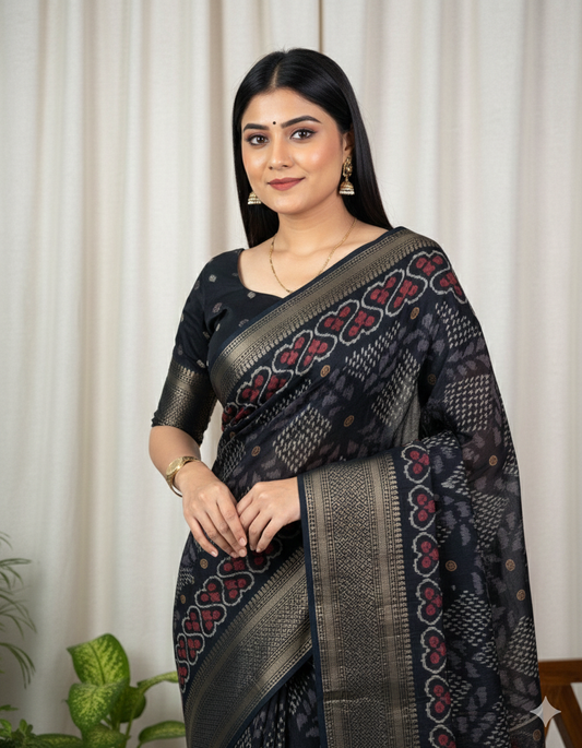 Soft Muslin Cotton Printed Saree with Zari Border & Matching Blouse – Swaraas