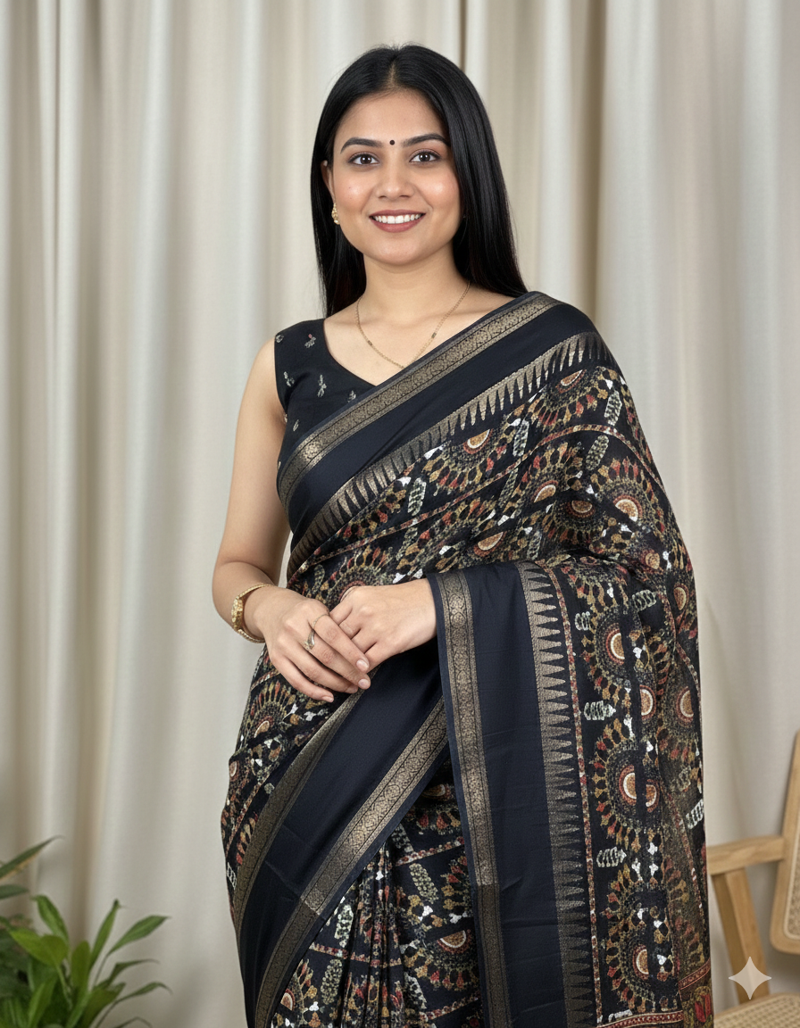 Soft Cotton Denting Kalamkari Saree with Zari Border & Printed Blouse – Swaraas