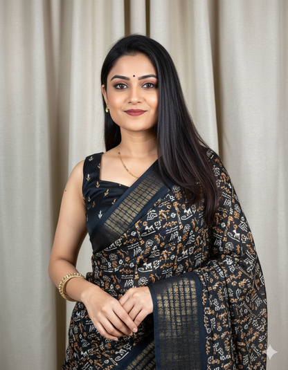 Soft Dola Silk Kalamkari Print Saree with Sequin & Zari Border | Printed Blouse – Swaraas