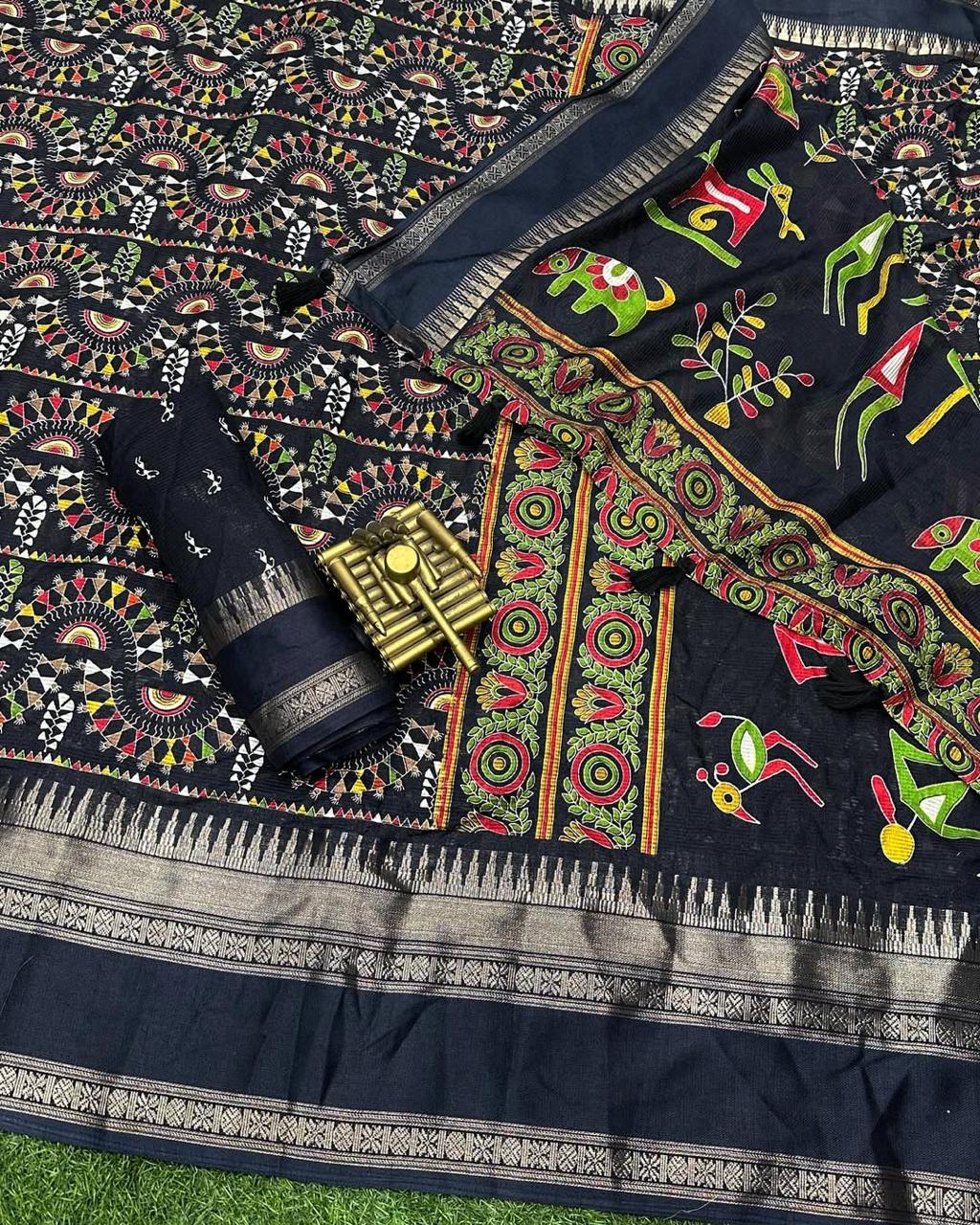 Soft Cotton Denting Kalamkari Saree with Zari Border & Printed Blouse – Swaraas